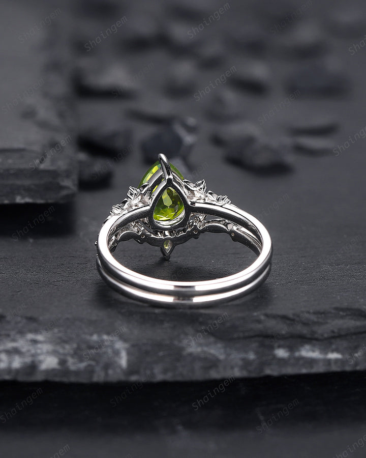 Vintage Pear Shape Peridot Engagement Ring Set, Unique 14K White Gold Floral Wedding Ring Bridal Set, Twig Branch Promise Ring for Women - ShainJewelry