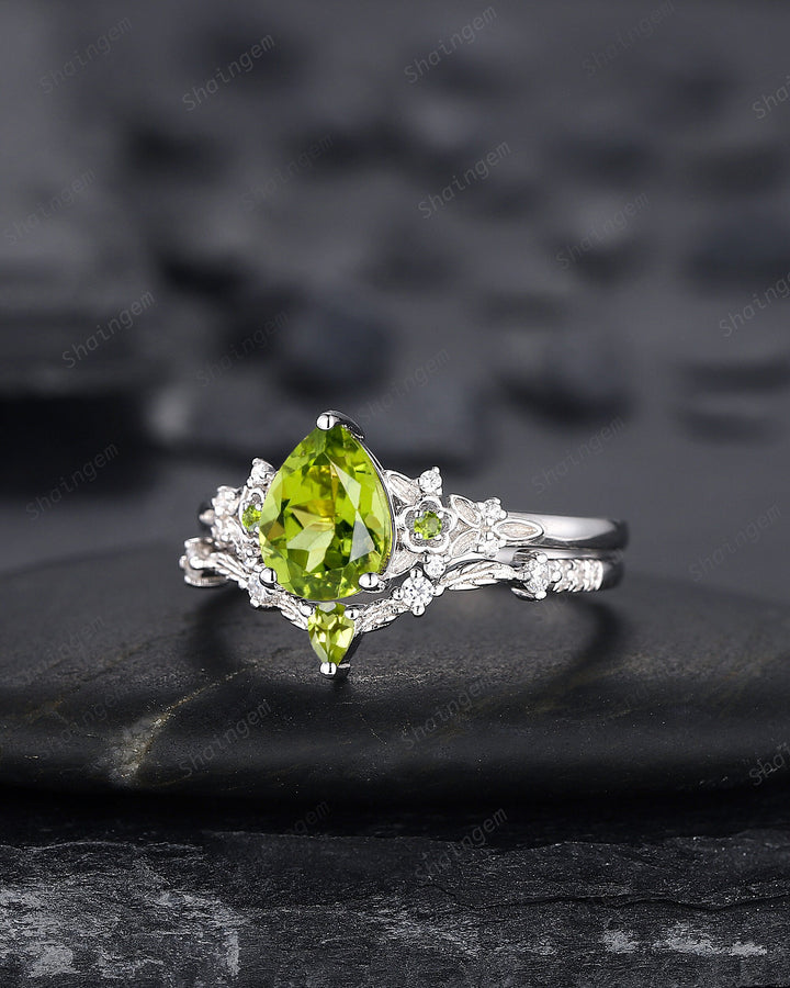Vintage Pear Shape Peridot Engagement Ring Set, Unique 14K White Gold Floral Wedding Ring Bridal Set, Twig Branch Promise Ring for Women - ShainJewelry