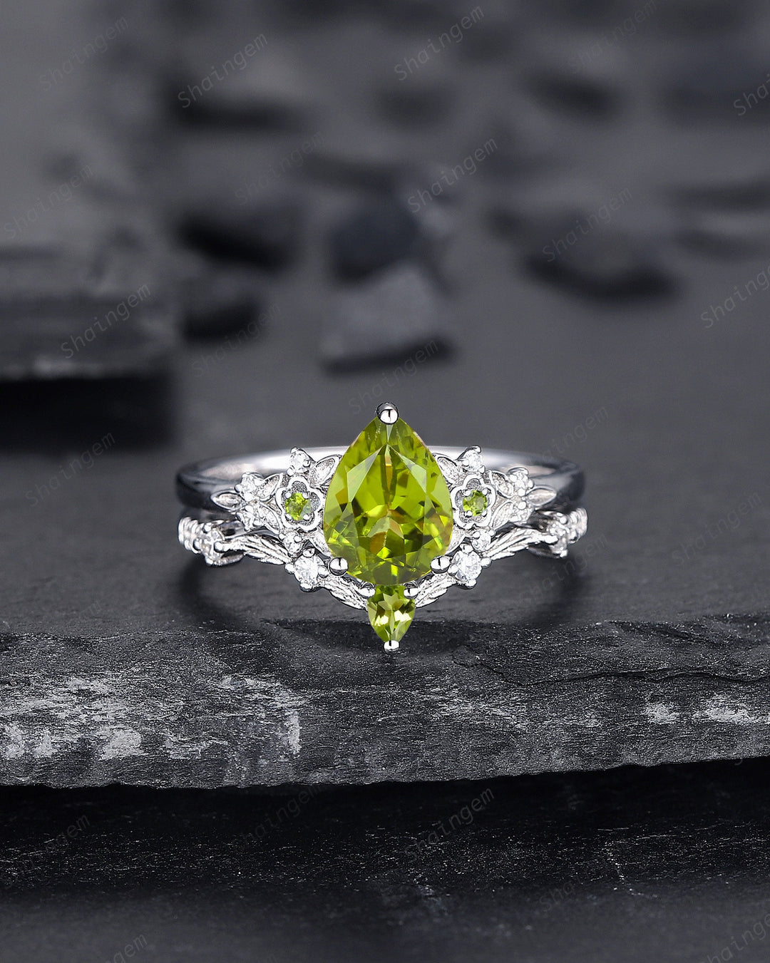 Vintage Pear Shape Peridot Engagement Ring Set, Unique 14K White Gold Floral Wedding Ring Bridal Set, Twig Branch Promise Ring for Women - ShainJewelry