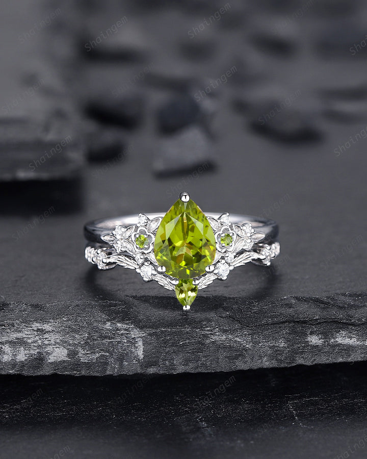 Vintage Pear Shape Peridot Engagement Ring Set, Unique 14K White Gold Floral Wedding Ring Bridal Set, Twig Branch Promise Ring for Women - ShainJewelry