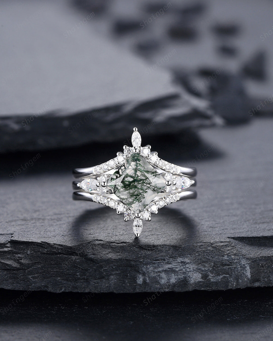 3PCS Princess Cut Moss Agate Engagement Ring Set, Moss Agate Ring with Ring Guard Spacer Sterling Silver Wedding Promise Ring Gift for Women - ShainJewelry