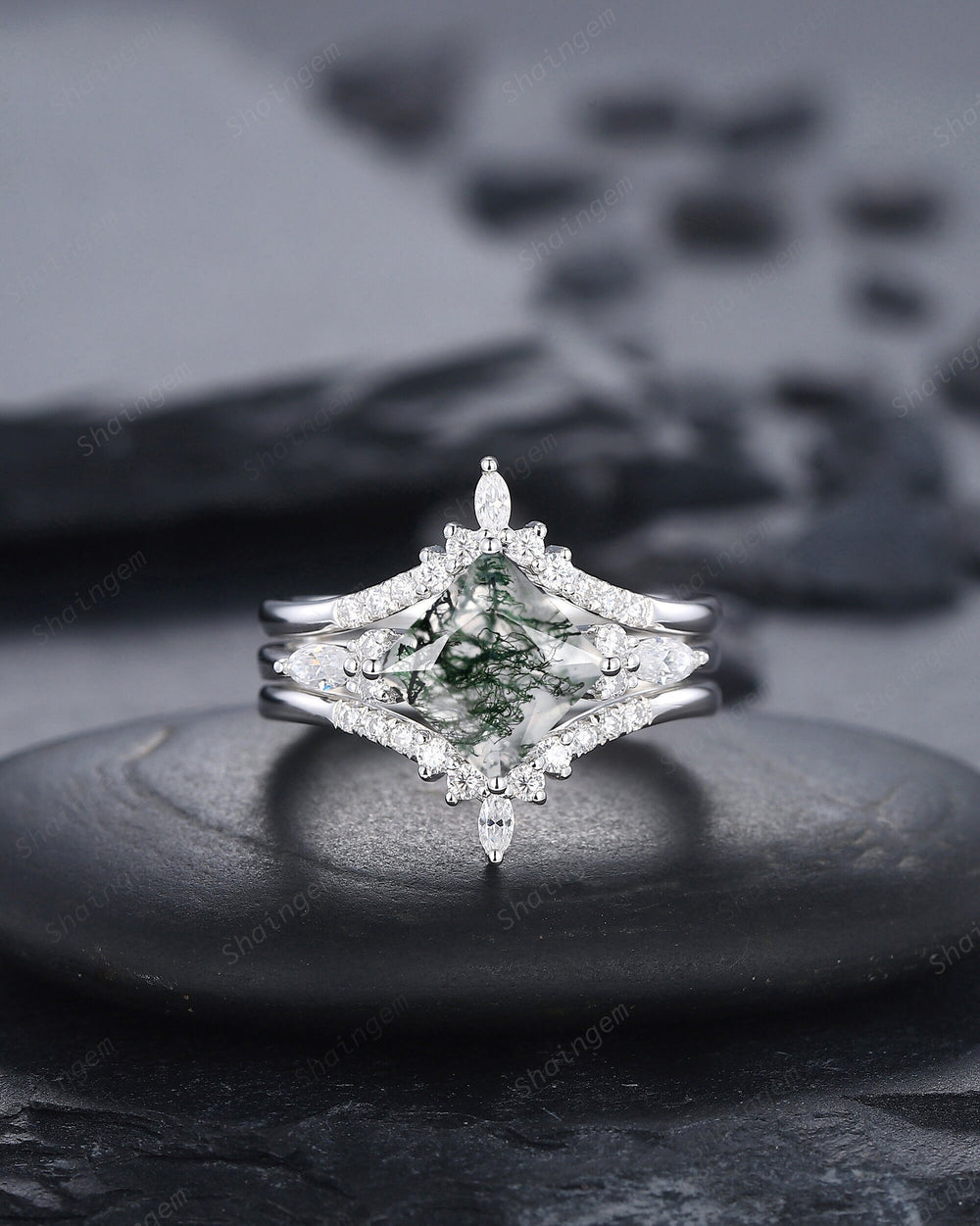 3PCS Princess Cut Moss Agate Engagement Ring Set, Moss Agate Ring with Ring Guard Spacer Sterling Silver Wedding Promise Ring Gift for Women - ShainJewelry