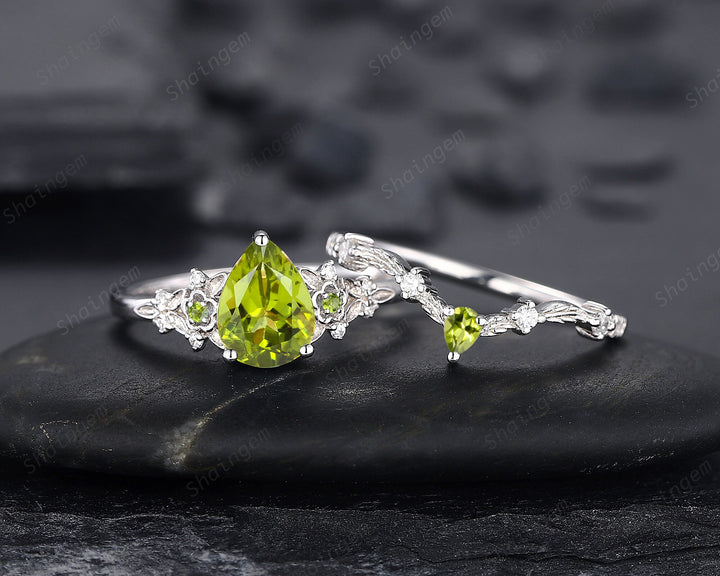 Vintage Pear Shape Peridot Engagement Ring Set, Unique 14K White Gold Floral Wedding Ring Bridal Set, Twig Branch Promise Ring for Women - ShainJewelry