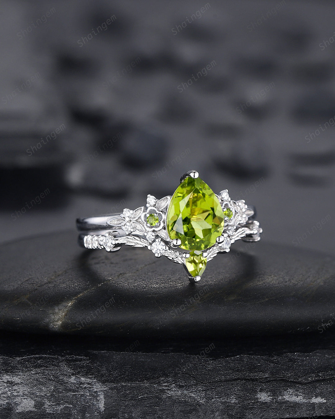Vintage Pear Shape Peridot Engagement Ring Set, Unique 14K White Gold Floral Wedding Ring Bridal Set, Twig Branch Promise Ring for Women - ShainJewelry