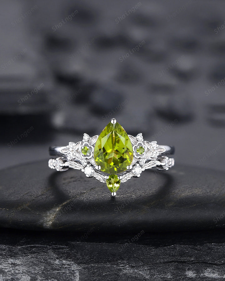 Vintage Pear Shape Peridot Engagement Ring Set, Unique 14K White Gold Floral Wedding Ring Bridal Set, Twig Branch Promise Ring for Women - ShainJewelry