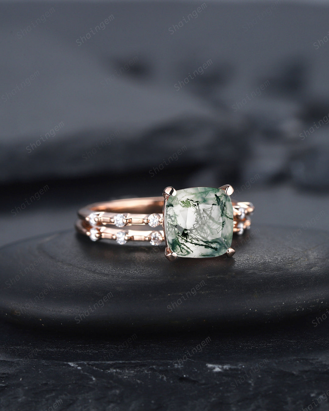 Square Cushion Cut Moss Agate and Diamond Engagement Ring Set, Unique Moss Agate Wedding Set, Art Deco Rose Gold Bridal Set Promise Ring - ShainJewelry
