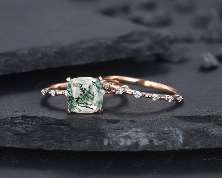 Square Cushion Cut Moss Agate and Diamond Engagement Ring Set, Unique Moss Agate Wedding Set, Art Deco Rose Gold Bridal Set Promise Ring - ShainJewelry