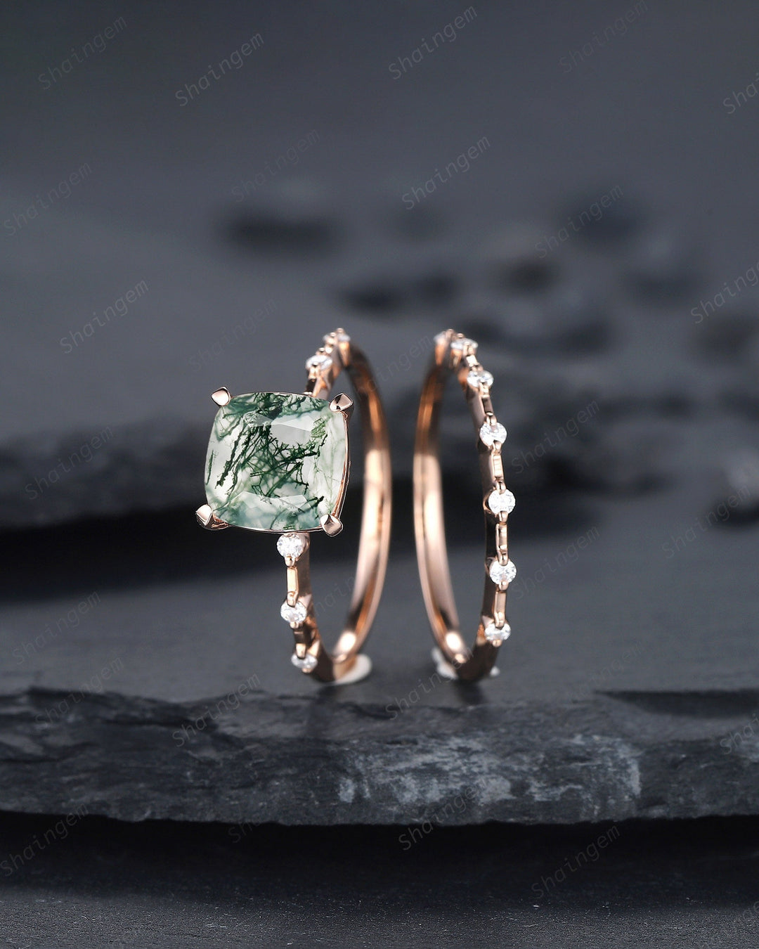 Square Cushion Cut Moss Agate and Diamond Engagement Ring Set, Unique Moss Agate Wedding Set, Art Deco Rose Gold Bridal Set Promise Ring - ShainJewelry