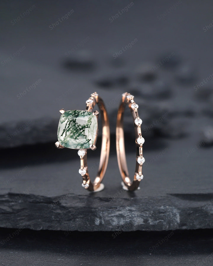 Square Cushion Cut Moss Agate and Diamond Engagement Ring Set, Unique Moss Agate Wedding Set, Art Deco Rose Gold Bridal Set Promise Ring - ShainJewelry