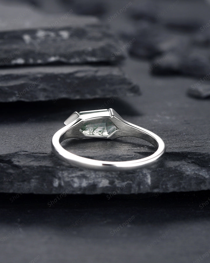 Platinum Unique Shield Cut Moss Agate Engagement Ring, Sterling Silver Solitaire Agate Promise Ring, White Gold Wedding Ring Gift for Women - ShainJewelry
