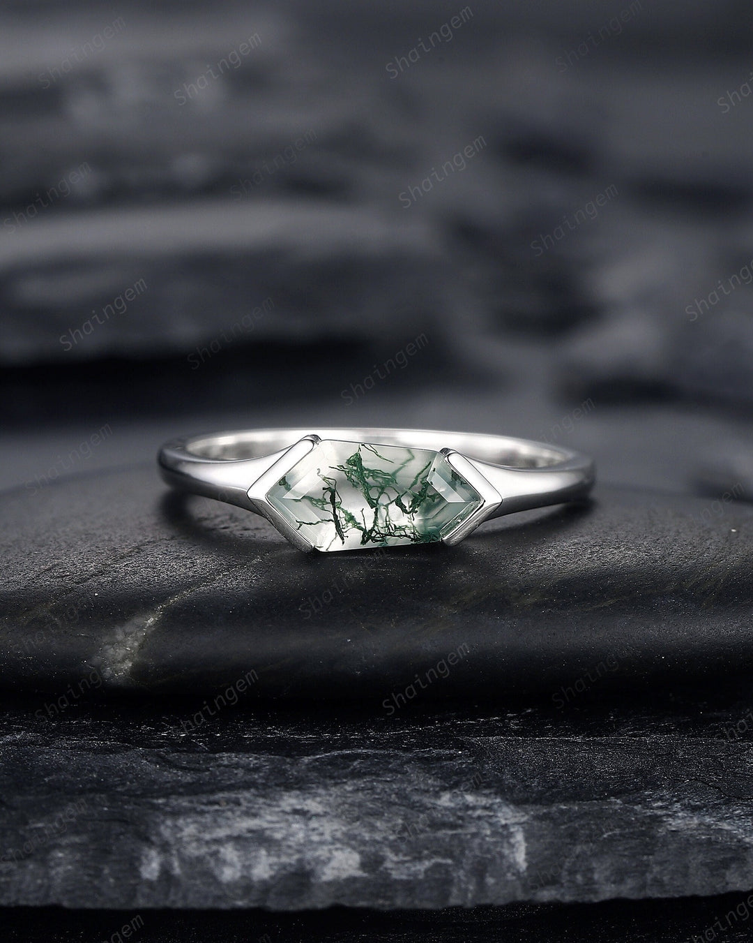 Platinum Unique Shield Cut Moss Agate Engagement Ring, Sterling Silver Solitaire Agate Promise Ring, White Gold Wedding Ring Gift for Women - ShainJewelry