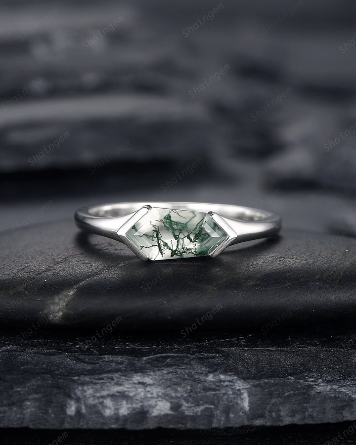 Platinum Unique Shield Cut Moss Agate Engagement Ring, Sterling Silver Solitaire Agate Promise Ring, White Gold Wedding Ring Gift for Women - ShainJewelry