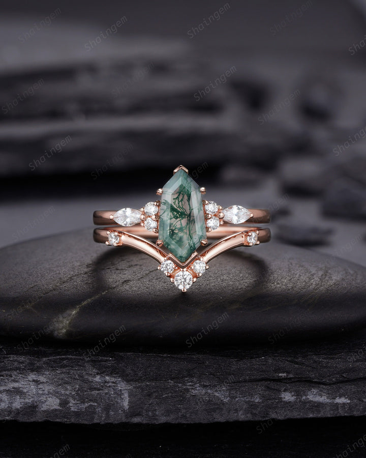Unique Shield Moss Agate and Diamond Ring, Rose Gold Hexagon Green Moss Agate Bridal Set, Shield Promise Wedding Ring Gift for her - ShainJewelry
