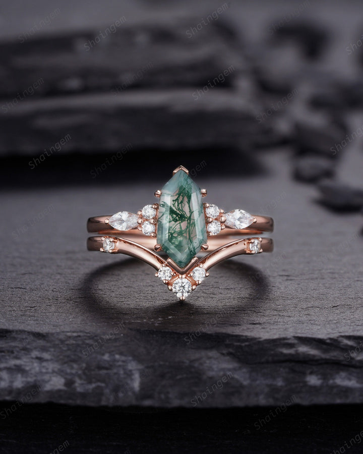 Unique Shield Moss Agate and Diamond Ring, Rose Gold Hexagon Green Moss Agate Bridal Set, Shield Promise Wedding Ring Gift for her - ShainJewelry