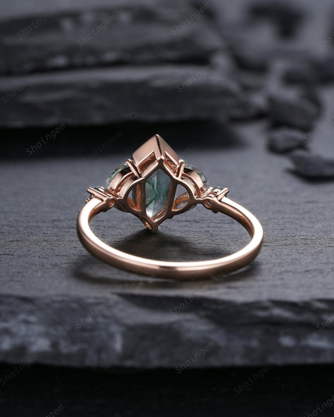 Vintage Shield Shape Moss Agate Ring, Rose Gold Hexagon Moss Agate Engagement Ring, Cluster Moss Agate Promise Wedding Anniversary Ring Gift - ShainJewelry