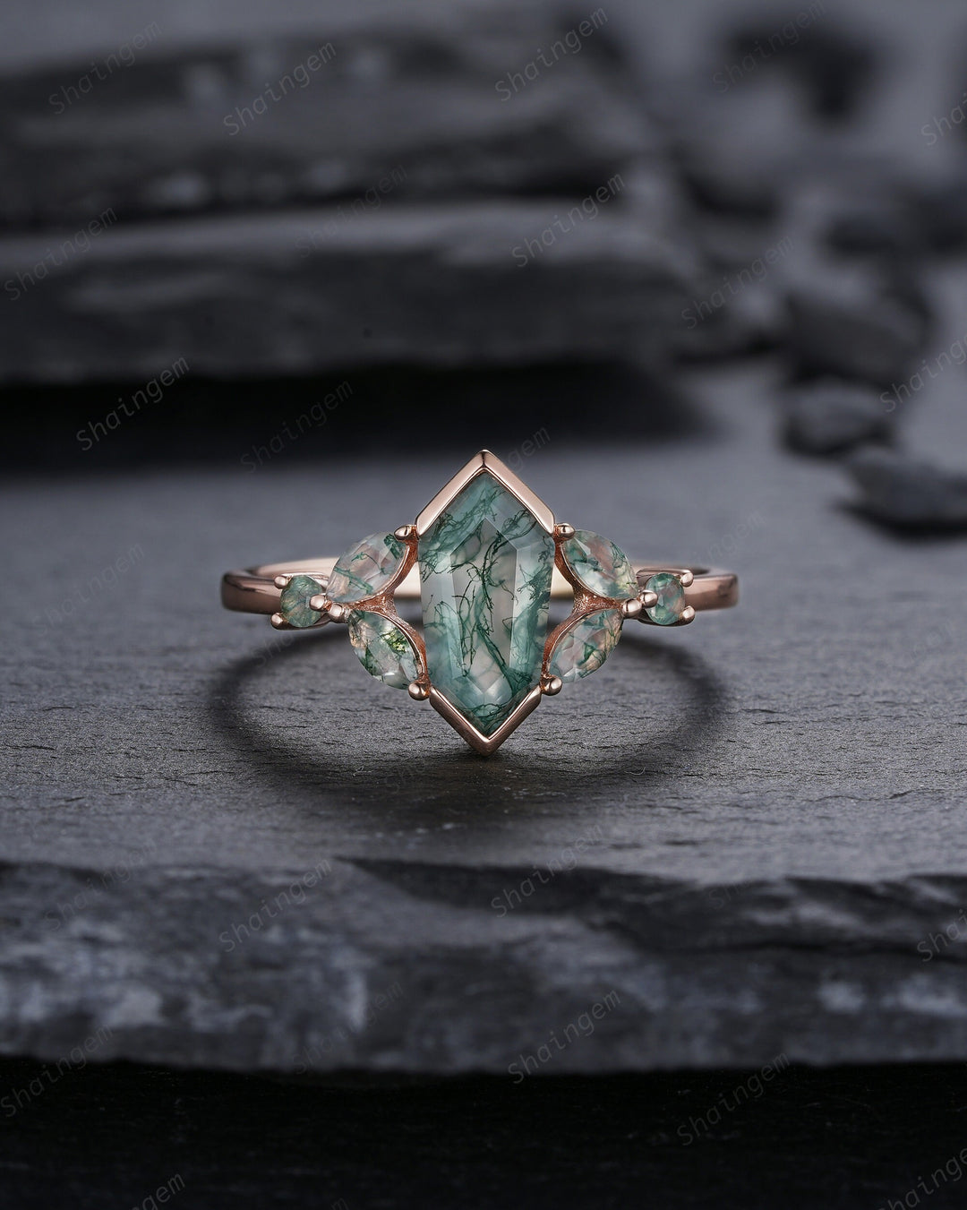 Vintage Shield Shape Moss Agate Ring, Rose Gold Hexagon Moss Agate Engagement Ring, Cluster Moss Agate Promise Wedding Anniversary Ring Gift - ShainJewelry