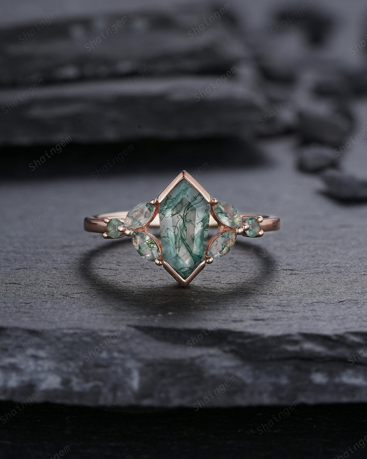 Vintage Shield Shape Moss Agate Ring, Rose Gold Hexagon Moss Agate Engagement Ring, Cluster Moss Agate Promise Wedding Anniversary Ring Gift - ShainJewelry