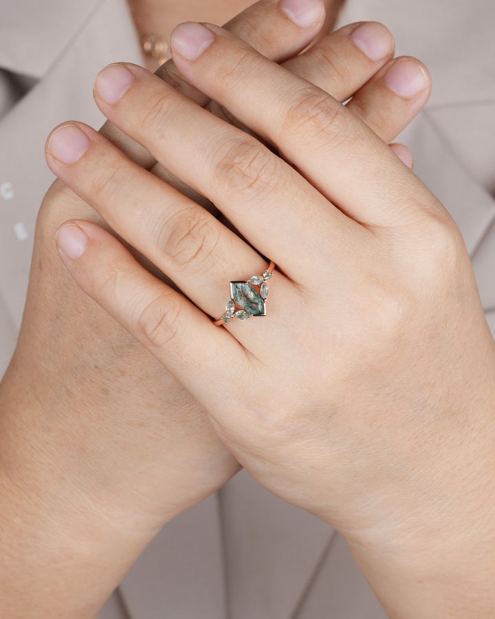 Vintage Shield Shape Moss Agate Ring, Rose Gold Hexagon Moss Agate Engagement Ring, Cluster Moss Agate Promise Wedding Anniversary Ring Gift - ShainJewelry
