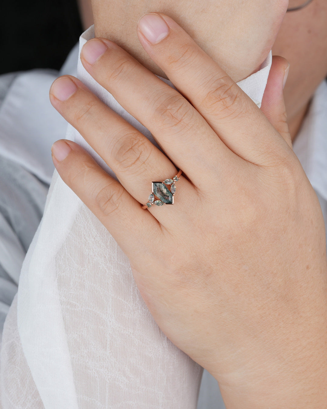 Vintage Shield Shape Moss Agate Ring, Rose Gold Hexagon Moss Agate Engagement Ring, Cluster Moss Agate Promise Wedding Anniversary Ring Gift - ShainJewelry