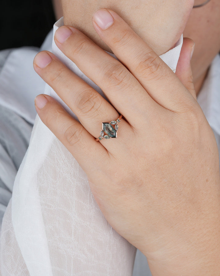 Vintage Shield Shape Moss Agate Ring, Rose Gold Hexagon Moss Agate Engagement Ring, Cluster Moss Agate Promise Wedding Anniversary Ring Gift - ShainJewelry