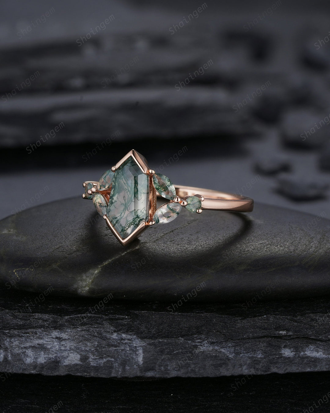 Vintage Shield Shape Moss Agate Ring, Rose Gold Hexagon Moss Agate Engagement Ring, Cluster Moss Agate Promise Wedding Anniversary Ring Gift - ShainJewelry