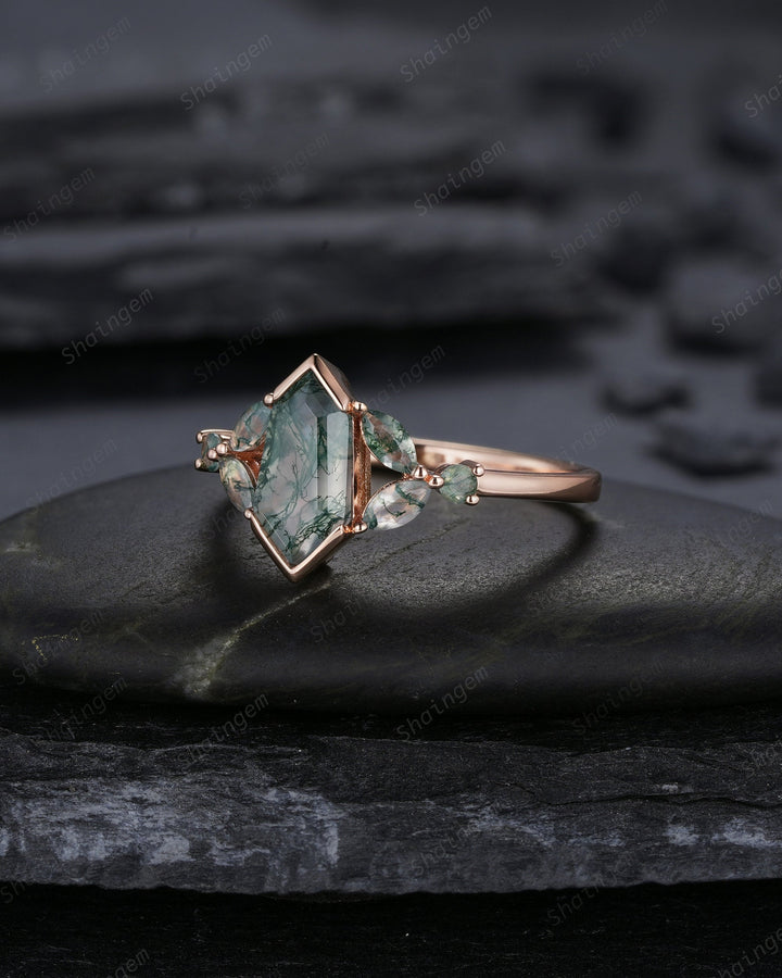 Vintage Shield Shape Moss Agate Ring, Rose Gold Hexagon Moss Agate Engagement Ring, Cluster Moss Agate Promise Wedding Anniversary Ring Gift - ShainJewelry