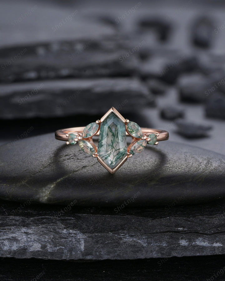 Vintage Shield Shape Moss Agate Ring, Rose Gold Hexagon Moss Agate Engagement Ring, Cluster Moss Agate Promise Wedding Anniversary Ring Gift - ShainJewelry
