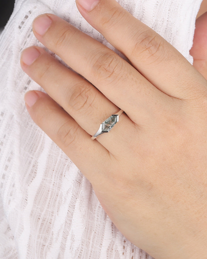 Platinum Unique Shield Cut Moss Agate Engagement Ring, Sterling Silver Solitaire Agate Promise Ring, White Gold Wedding Ring Gift for Women - ShainJewelry
