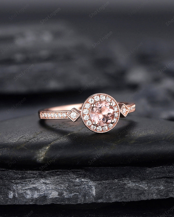 Natural Pink Morganite Engagement Ring, Round Shape Morganite Wedding Ring, 14K 18K Rose Gold Promise Halo Ring Anniversary Gift for Women - ShainJewelry