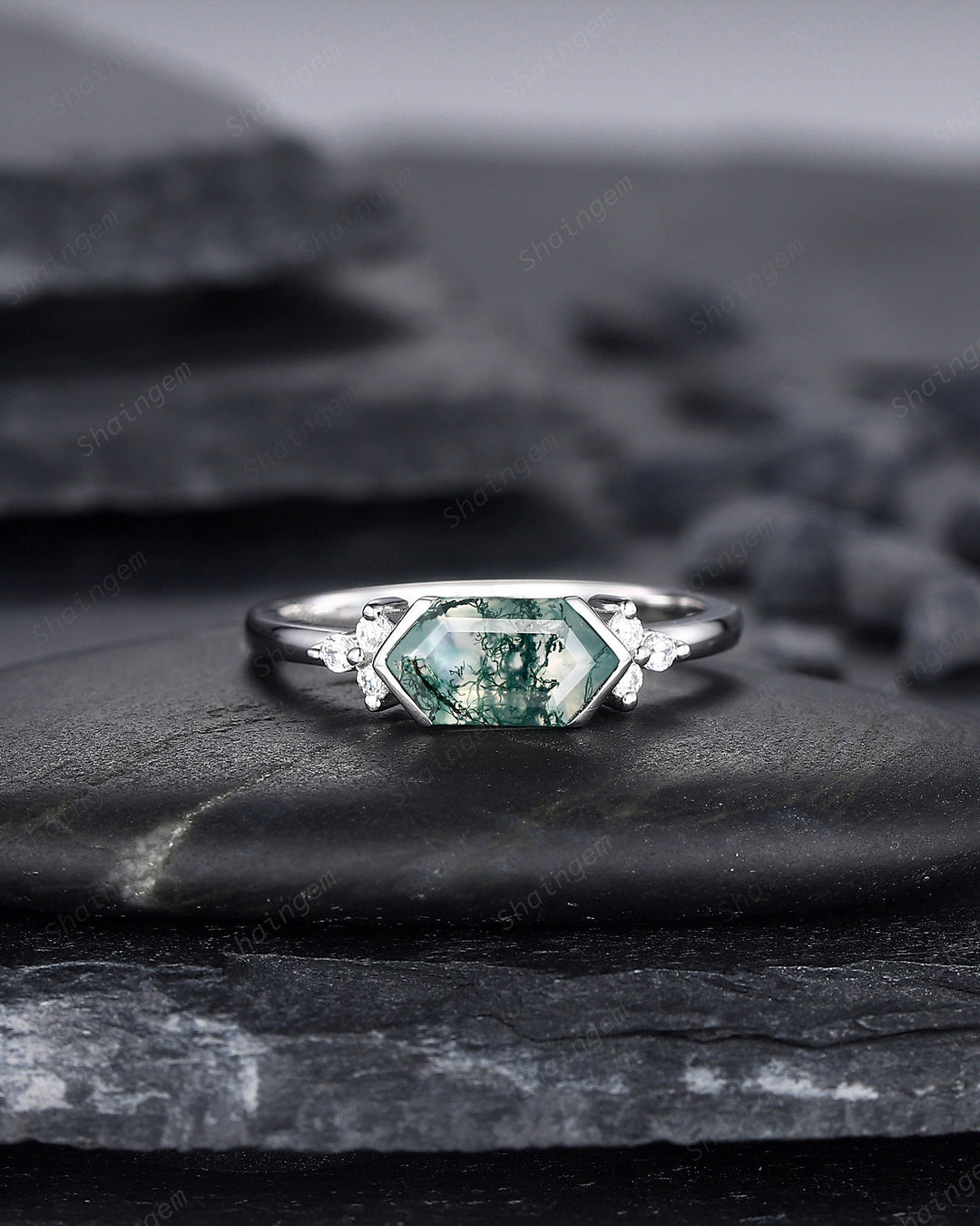 Vintage Hexagon Cut Moss Agate Cluster Engagement Ring, Sterling Silver Promise Ring 14K White Gold Wedding Ring Anniversary Gift for Women - ShainJewelry