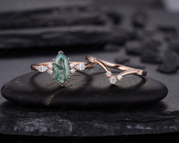 Unique Shield Moss Agate and Diamond Ring, Rose Gold Hexagon Green Moss Agate Bridal Set, Shield Promise Wedding Ring Gift for her - ShainJewelry