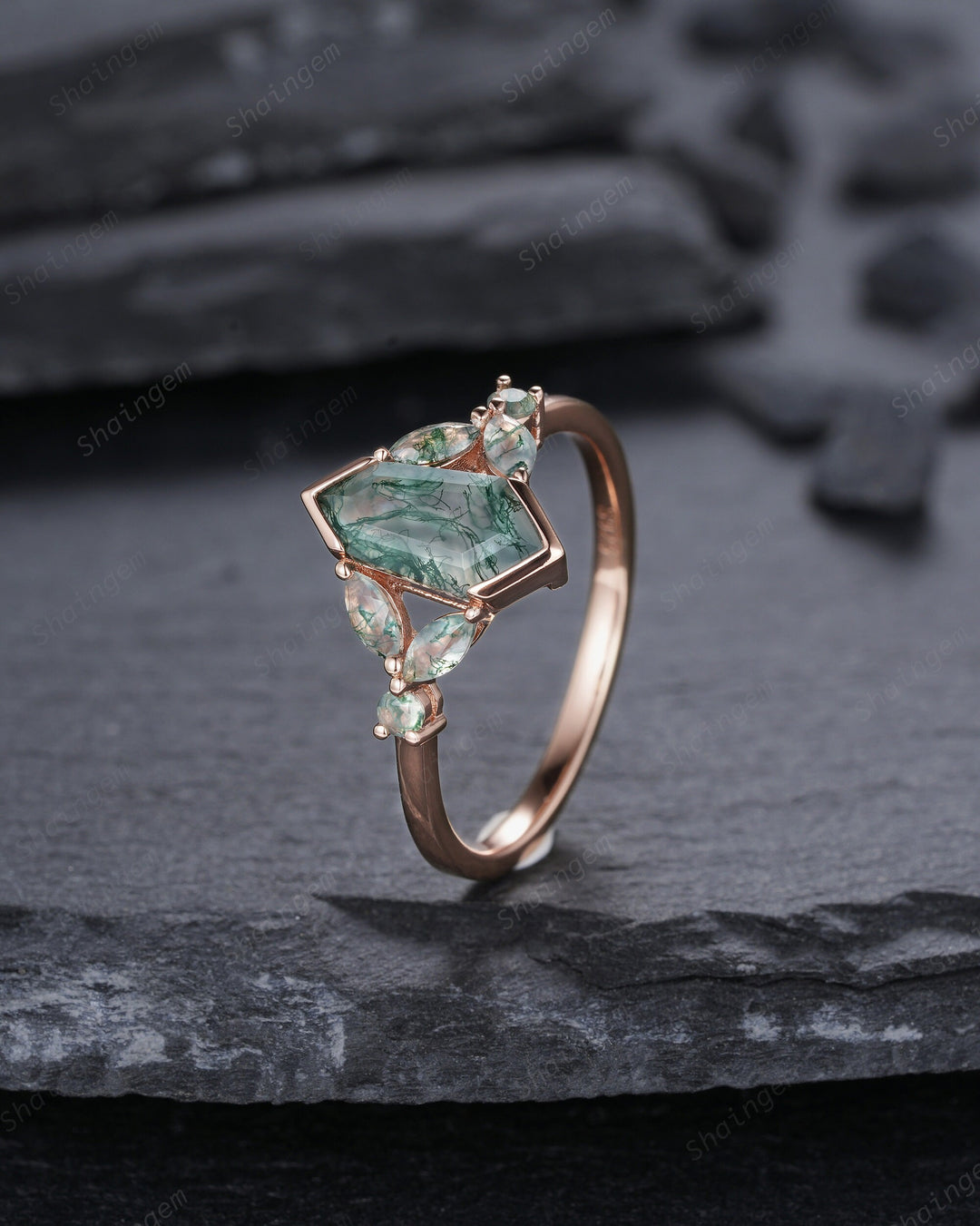 Vintage Shield Shape Moss Agate Ring, Rose Gold Hexagon Moss Agate Engagement Ring, Cluster Moss Agate Promise Wedding Anniversary Ring Gift - ShainJewelry