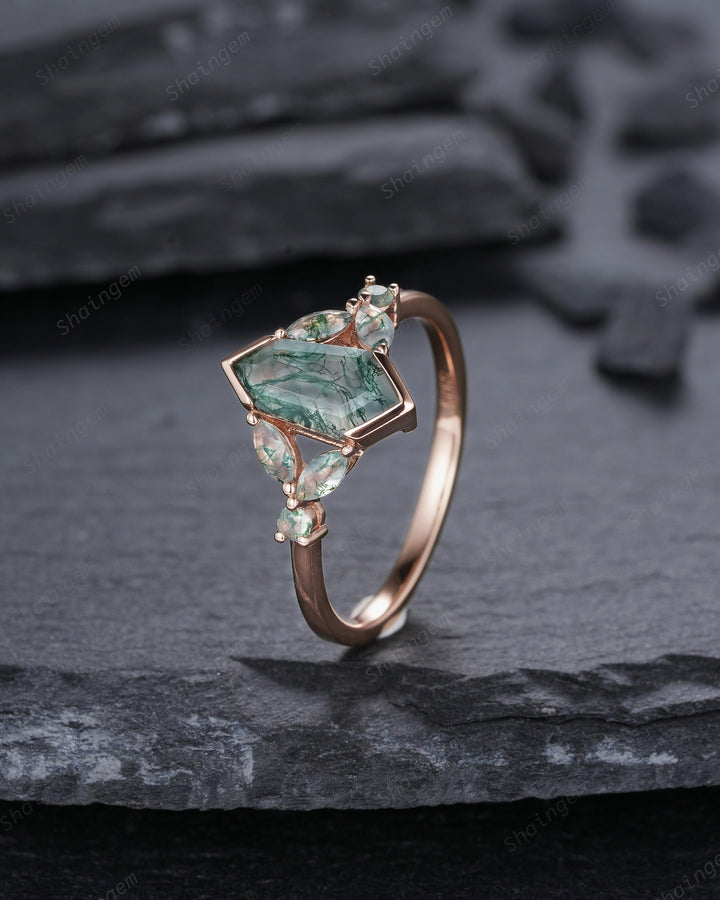 Vintage Shield Shape Moss Agate Ring, Rose Gold Hexagon Moss Agate Engagement Ring, Cluster Moss Agate Promise Wedding Anniversary Ring Gift - ShainJewelry