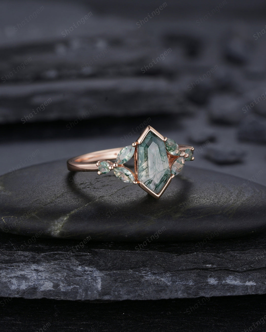 Vintage Shield Shape Moss Agate Ring, Rose Gold Hexagon Moss Agate Engagement Ring, Cluster Moss Agate Promise Wedding Anniversary Ring Gift - ShainJewelry