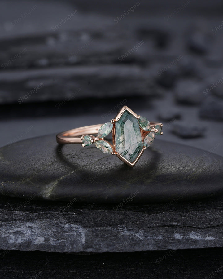 Vintage Shield Shape Moss Agate Ring, Rose Gold Hexagon Moss Agate Engagement Ring, Cluster Moss Agate Promise Wedding Anniversary Ring Gift - ShainJewelry