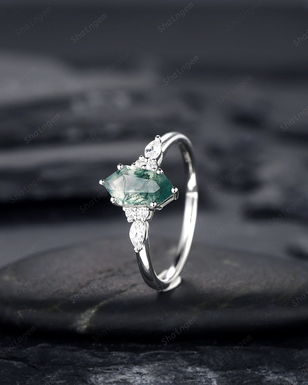 Platinum Shield Cut Moss Agate Engagement Ring, White Gold Hexagon Cut Moss Agate Promise Ring, Silver Wedding Ring Anniversary Gift for her - ShainJewelry