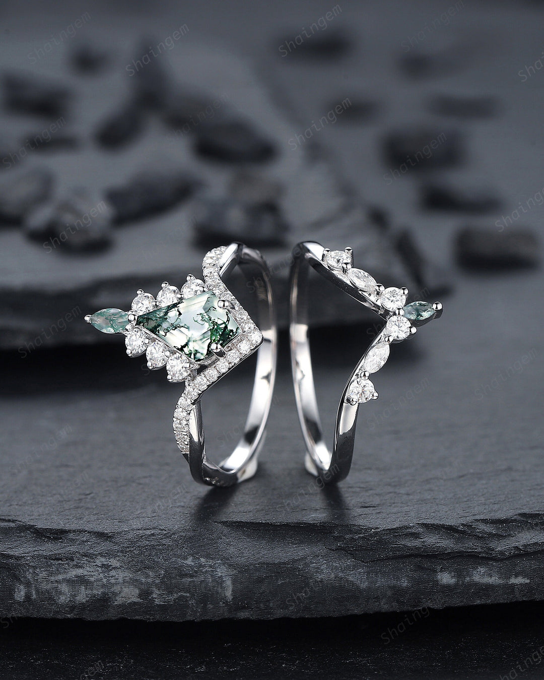 Vintage Kite Shape Moss Agate Engagement Ring Set, V Shape White Gold Moss Agate Promise Ring Wedding Set, Bridal Set for Women - ShainJewelry
