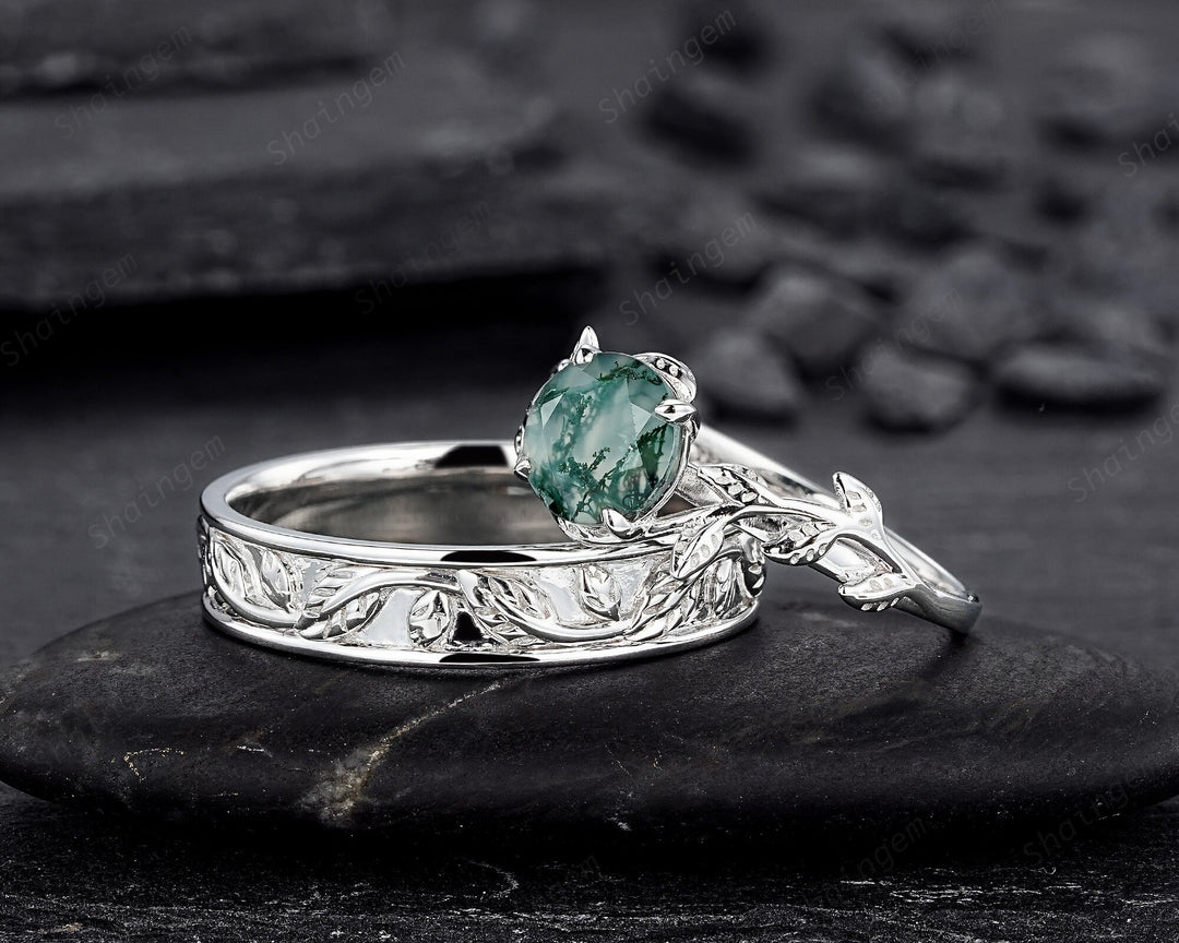 His and Hers Moss Agate Engagement Wedding Band, 14K White Gold Leaf Couple Wedding Ring, Silver Promise Ring Set , Plain Men's Band - ShainJewelry