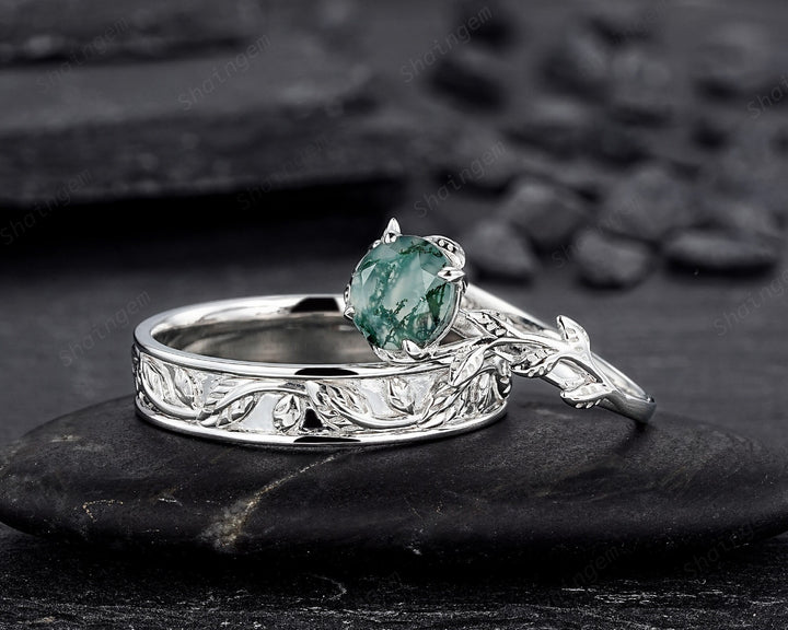 His and Hers Moss Agate Engagement Wedding Band, 14K White Gold Leaf Couple Wedding Ring, Silver Promise Ring Set , Plain Men's Band - ShainJewelry