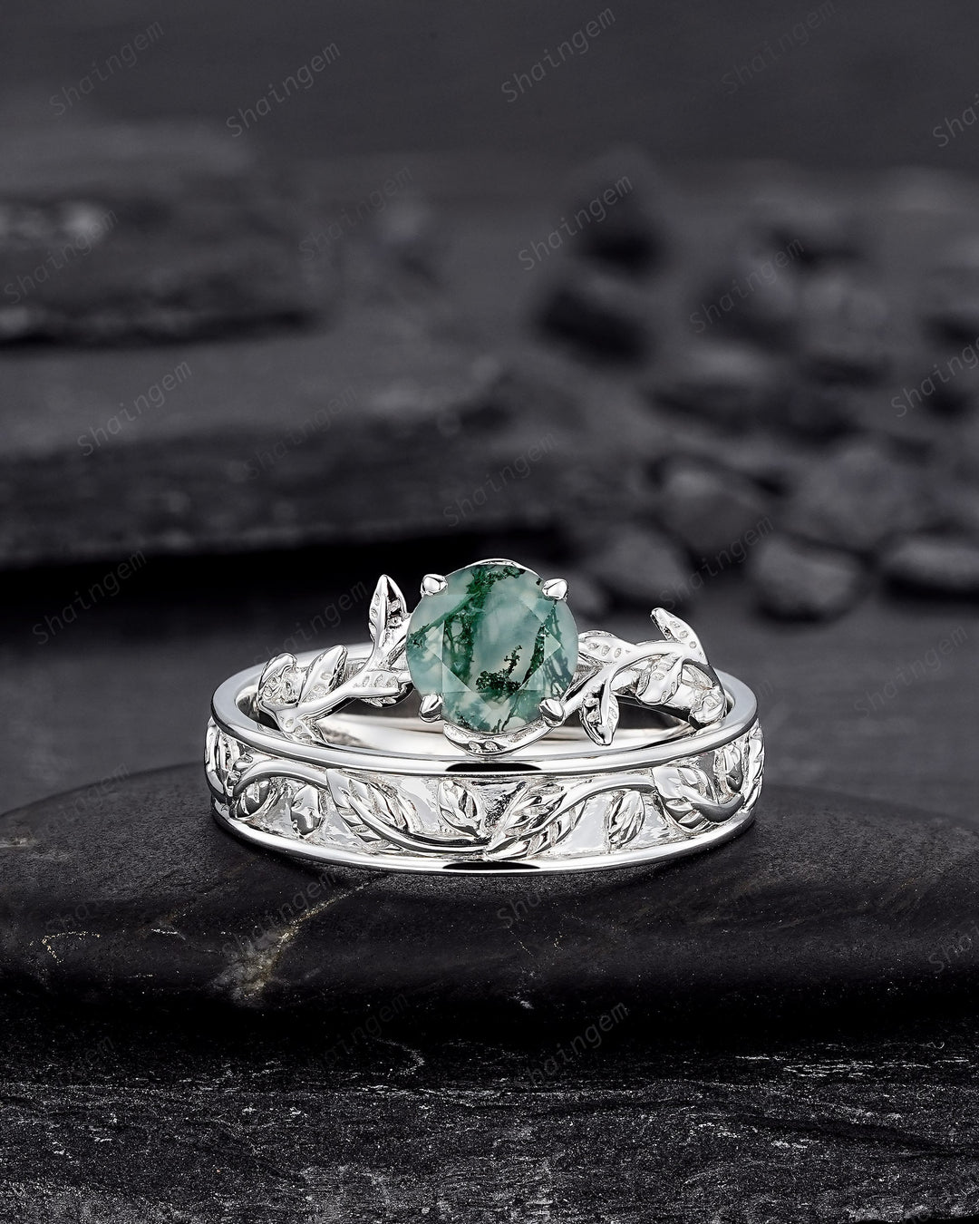 His and Hers Moss Agate Engagement Wedding Band, 14K White Gold Leaf Couple Wedding Ring, Silver Promise Ring Set , Plain Men's Band - ShainJewelry
