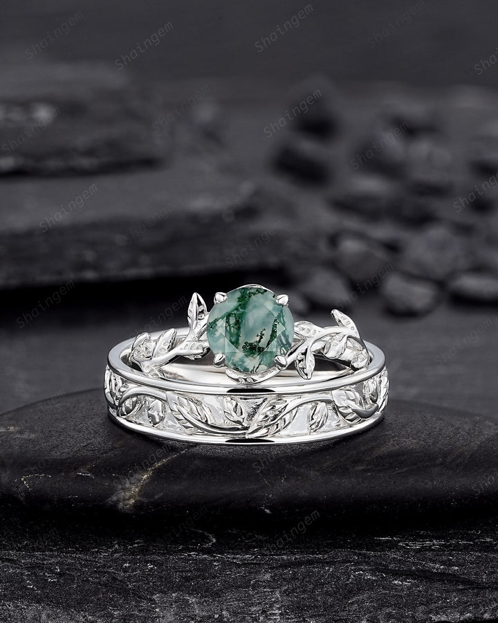 His and Hers Moss Agate Engagement Wedding Band, 14K White Gold Leaf Couple Wedding Ring, Silver Promise Ring Set , Plain Men's Band - ShainJewelry