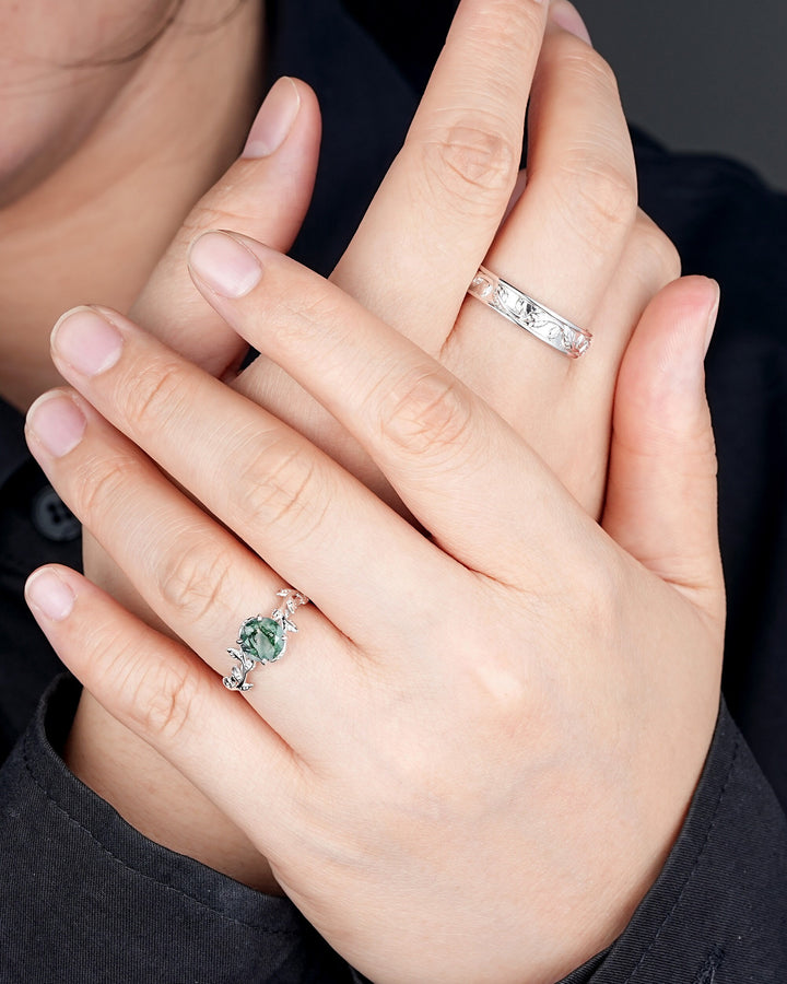 His and Hers Moss Agate Engagement Wedding Band, 14K White Gold Leaf Couple Wedding Ring, Silver Promise Ring Set , Plain Men's Band - ShainJewelry