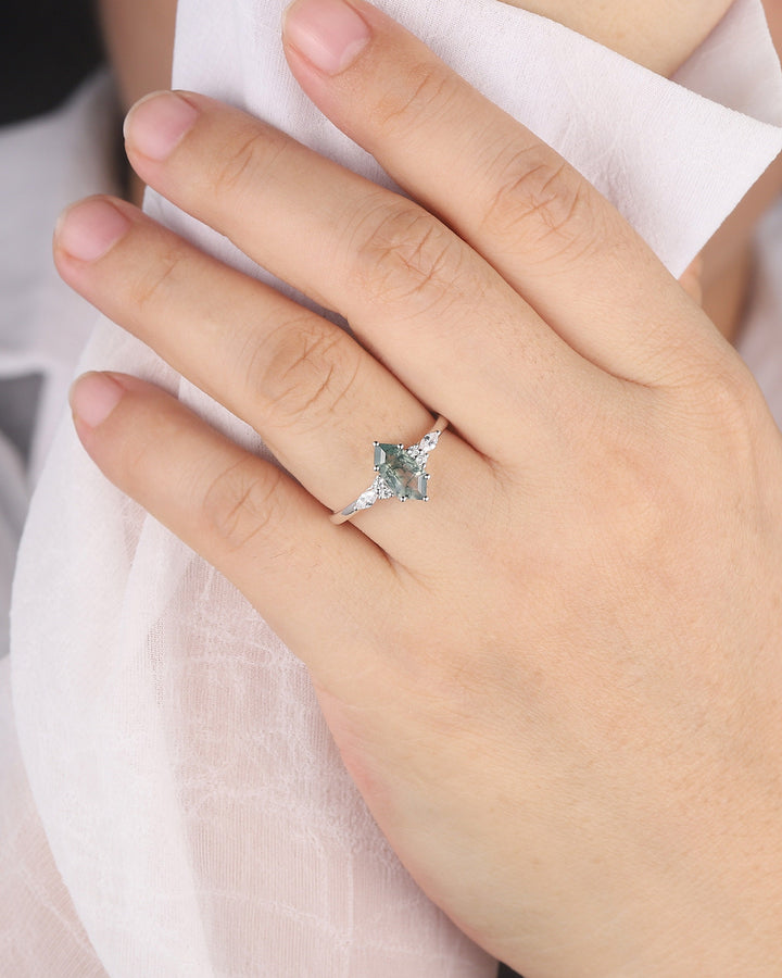 Platinum Shield Cut Moss Agate Engagement Ring, White Gold Hexagon Cut Moss Agate Promise Ring, Silver Wedding Ring Anniversary Gift for her - ShainJewelry
