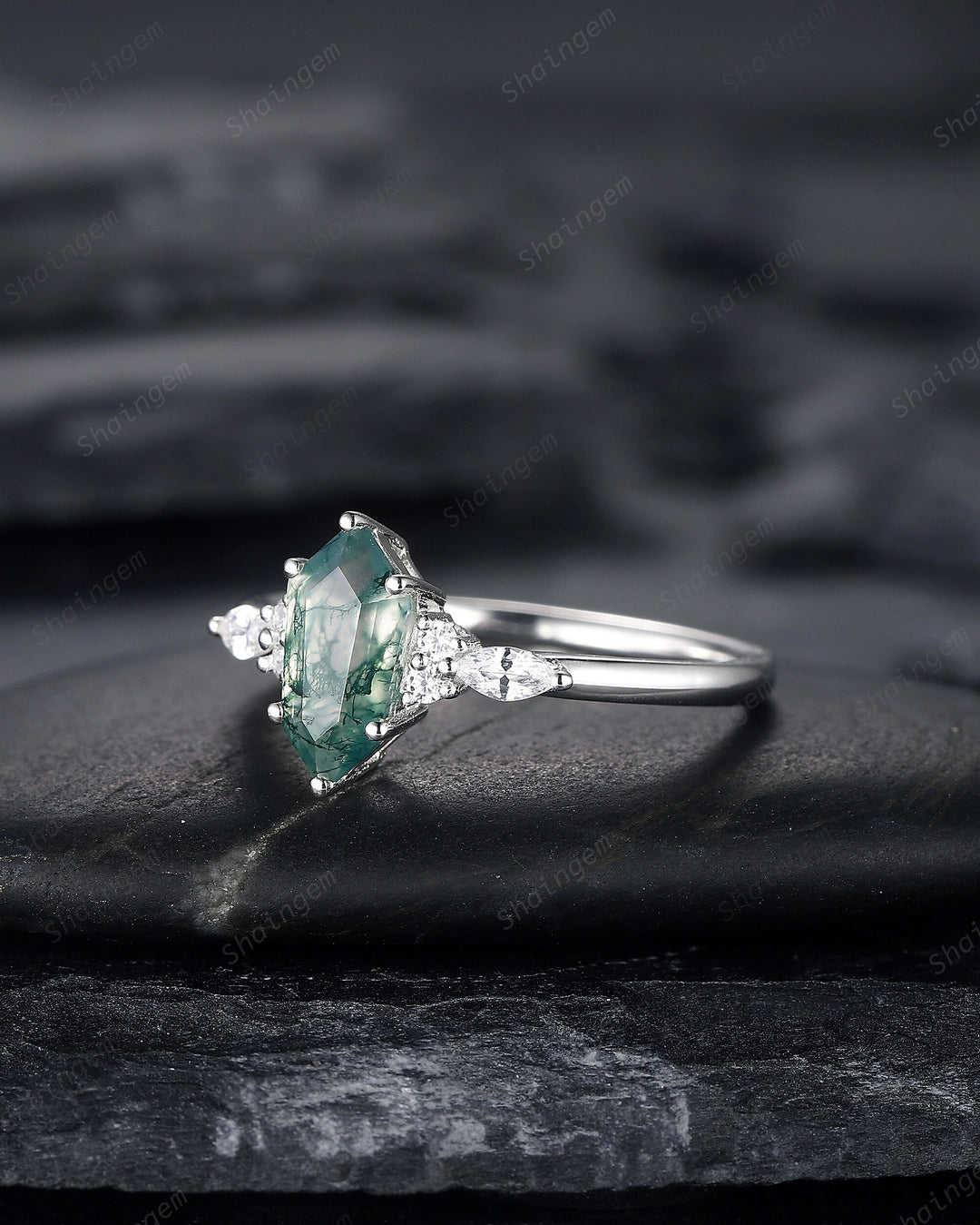 Platinum Shield Cut Moss Agate Engagement Ring, White Gold Hexagon Cut Moss Agate Promise Ring, Silver Wedding Ring Anniversary Gift for her - ShainJewelry