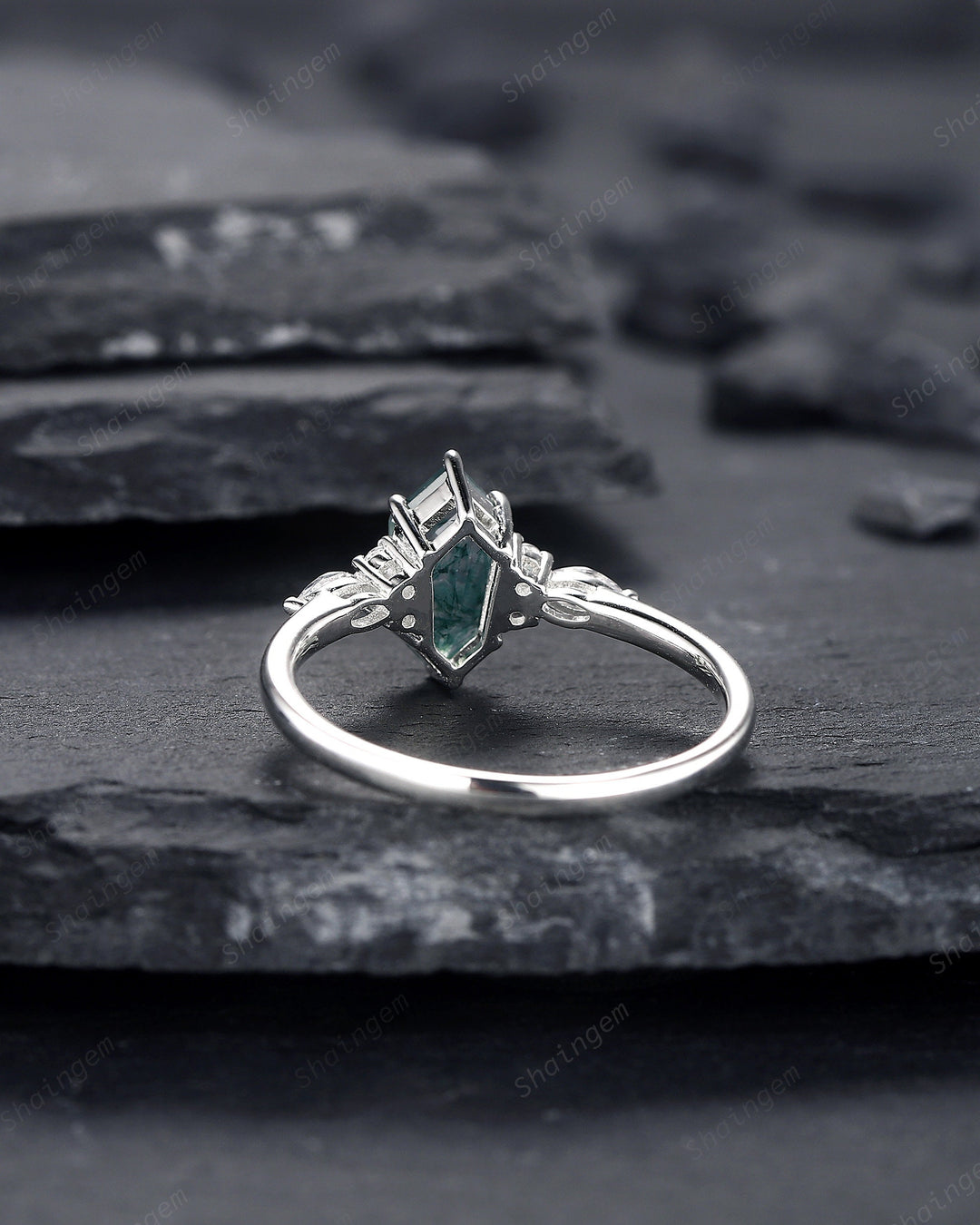Platinum Shield Cut Moss Agate Engagement Ring, White Gold Hexagon Cut Moss Agate Promise Ring, Silver Wedding Ring Anniversary Gift for her - ShainJewelry