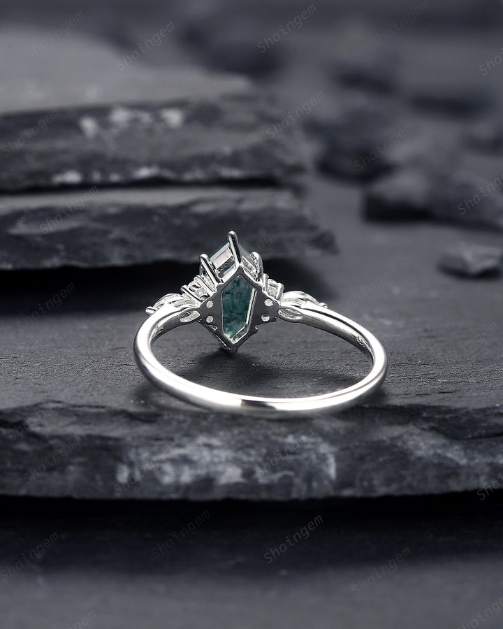 Platinum Shield Cut Moss Agate Engagement Ring, White Gold Hexagon Cut Moss Agate Promise Ring, Silver Wedding Ring Anniversary Gift for her - ShainJewelry