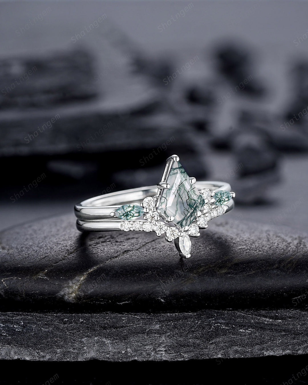 Platinum Kite Shape Moss Agate Engagement Ring Set, White Gold Sterling Silver 925 Green Moss Agate Promise Anniversary Ring Gift for Women - ShainJewelry