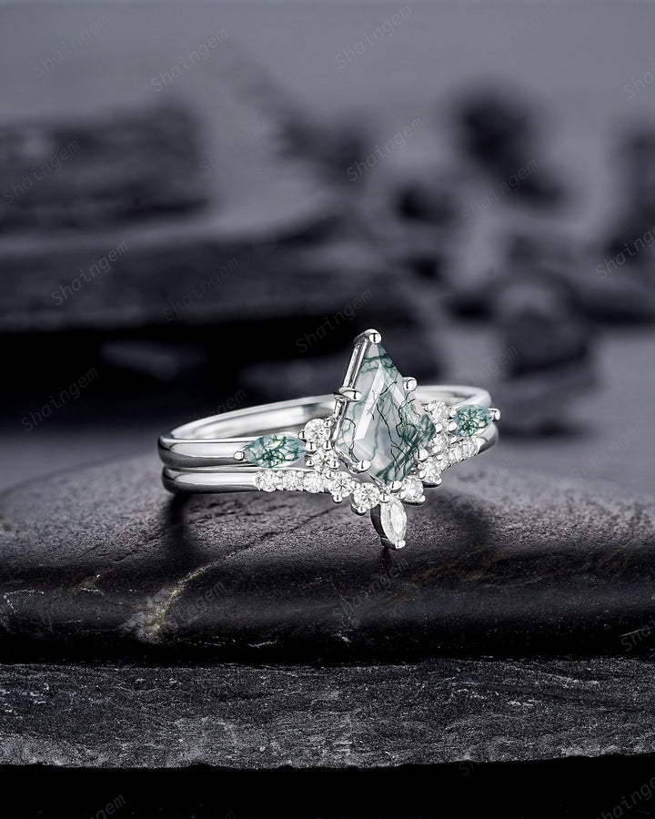 Platinum Kite Shape Moss Agate Engagement Ring Set, White Gold Sterling Silver 925 Green Moss Agate Promise Anniversary Ring Gift for Women - ShainJewelry