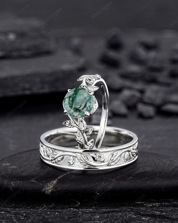 His and Hers Moss Agate Engagement Wedding Band, 14K White Gold Leaf Couple Wedding Ring, Silver Promise Ring Set , Plain Men's Band - ShainJewelry