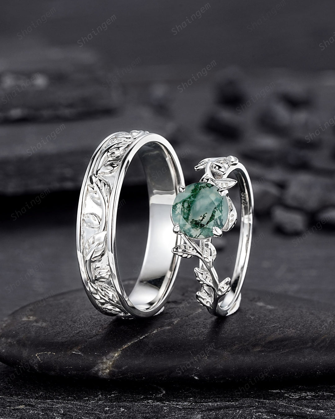 His and Hers Moss Agate Engagement Wedding Band, 14K White Gold Leaf Couple Wedding Ring, Silver Promise Ring Set , Plain Men's Band - ShainJewelry